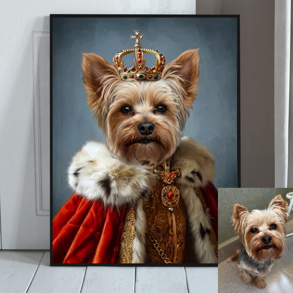 Framed pet portrait of a small dog in a gold crown and red royal mantle