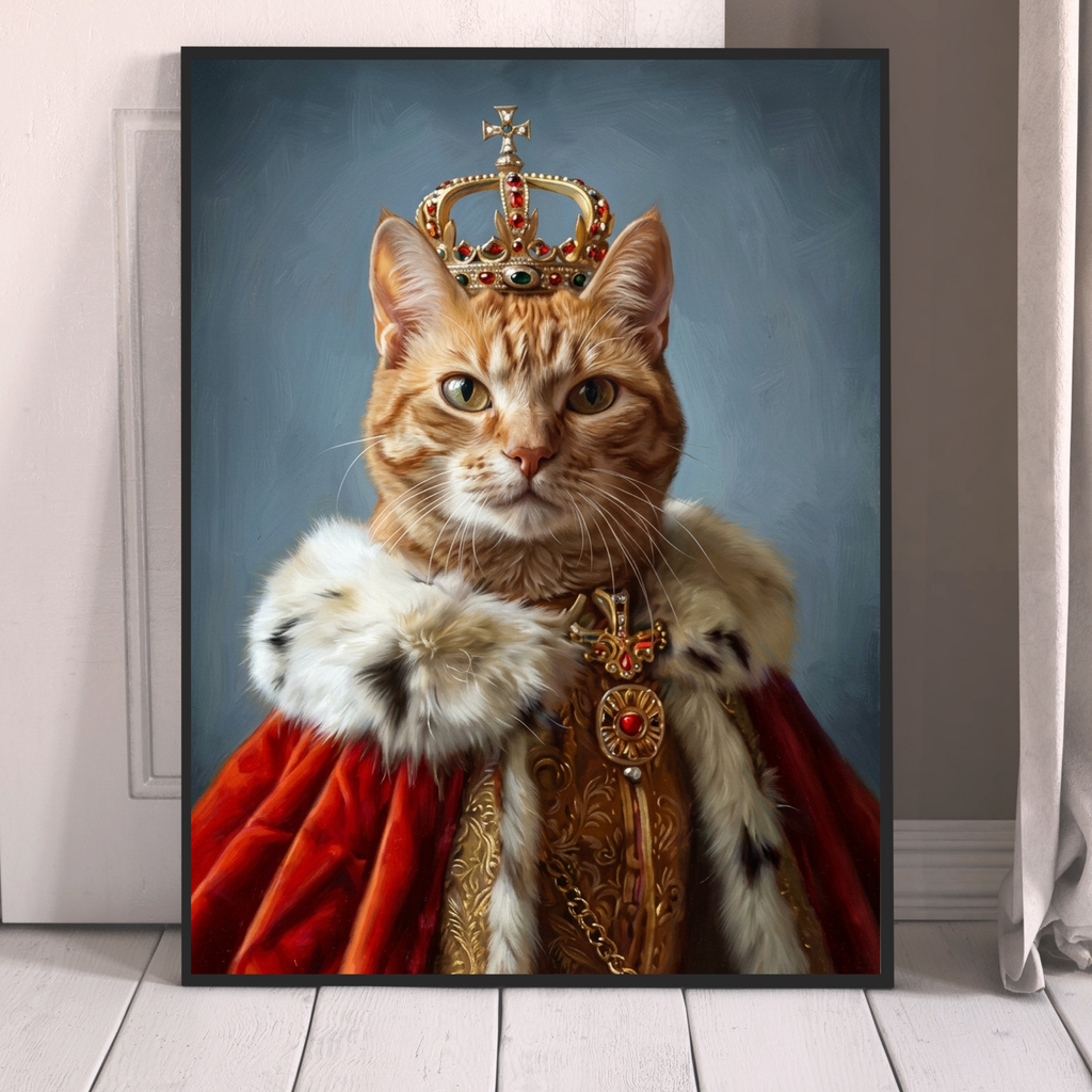 Framed pet portrait of a cat in a gold crown and red royal mantle with fur trim