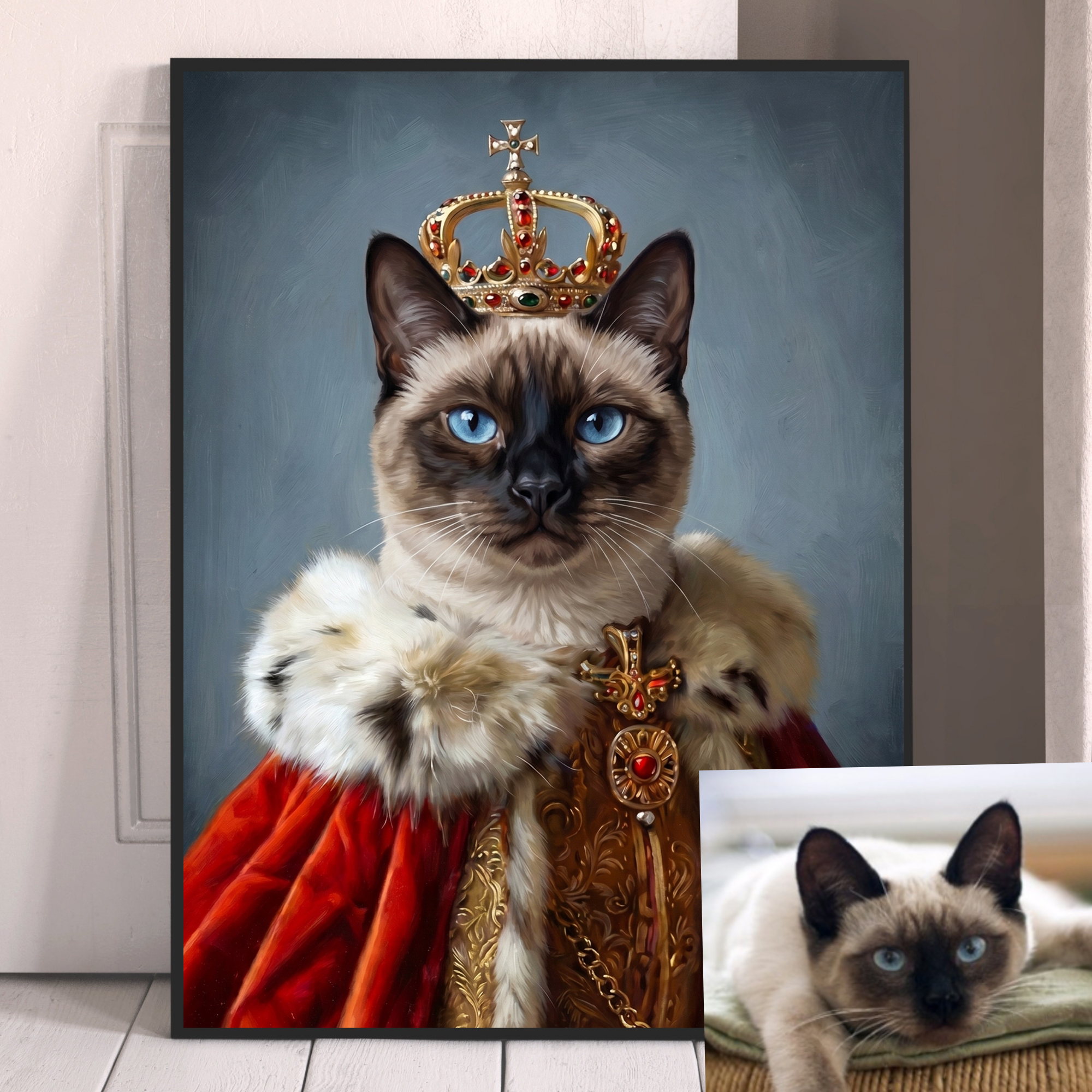 Framed pet portrait of a Siamese cat in a gold crown and red royal mantle