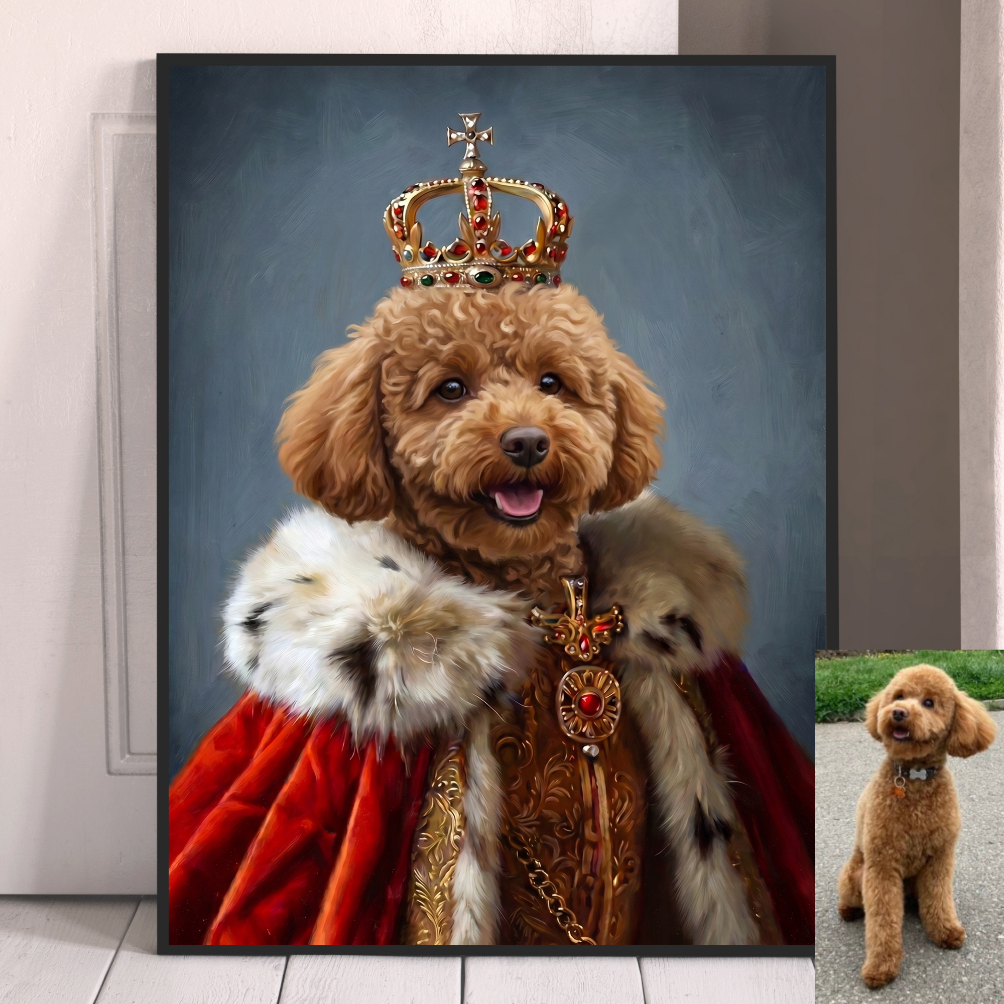 Framed pet portrait of a curly dog in a gold crown and red royal mantle