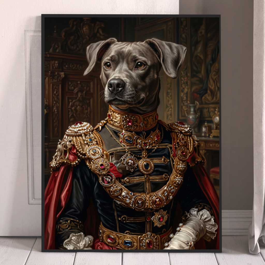 Royal dog portrait with white-gray dog in ornate royal uniform and crown, black frame