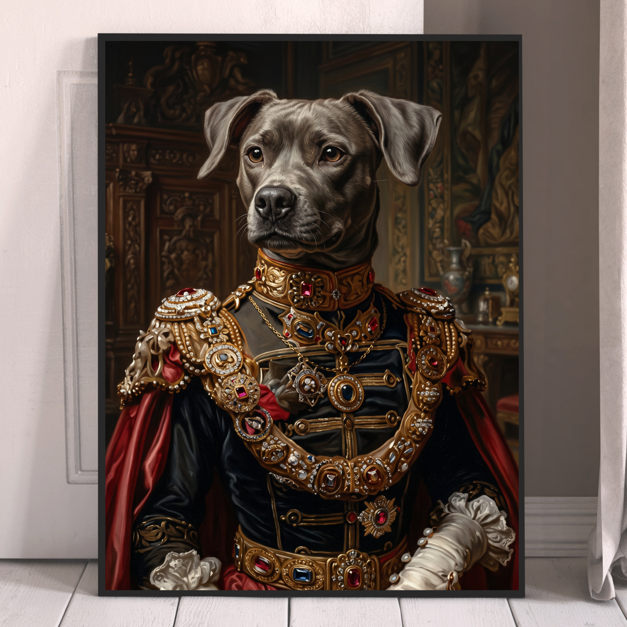 Royal dog portrait with white-gray dog in ornate royal uniform and crown, black frame