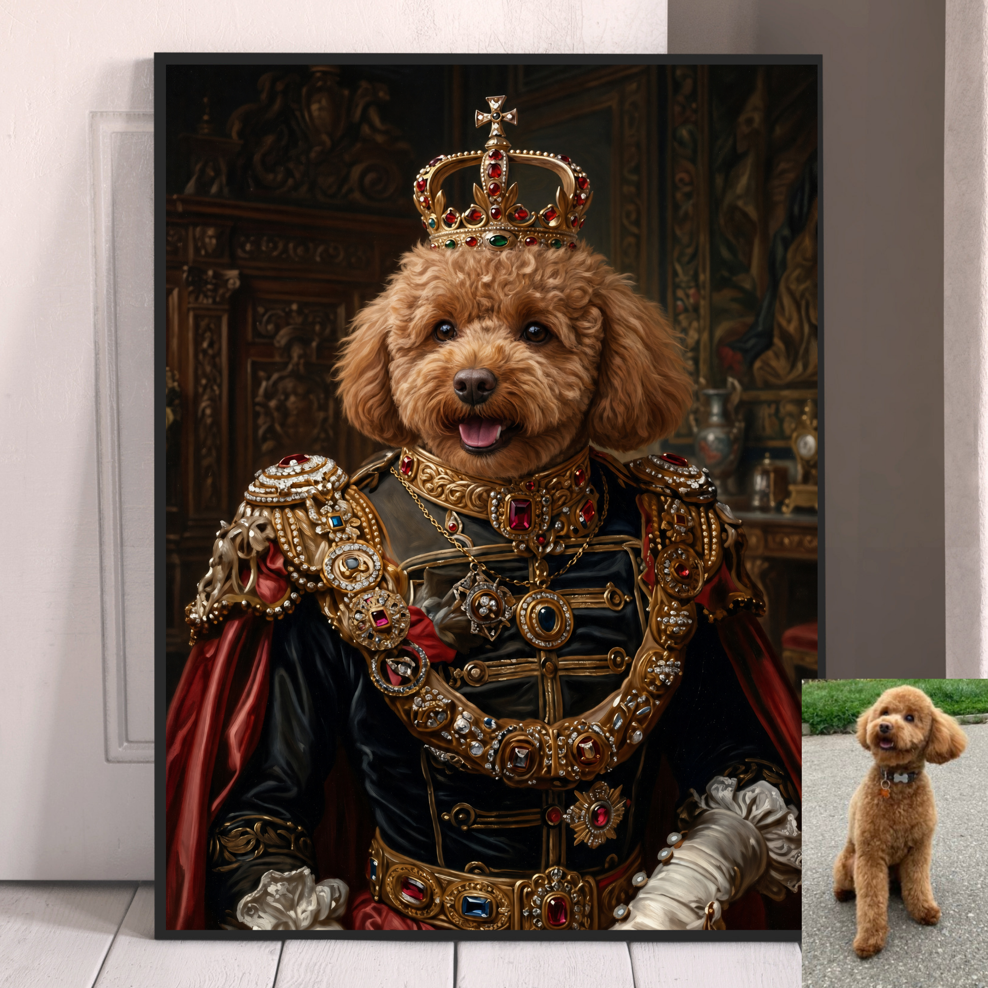 Royal dog portrait with brown curly dog in ornate royal uniform and crown, black frame