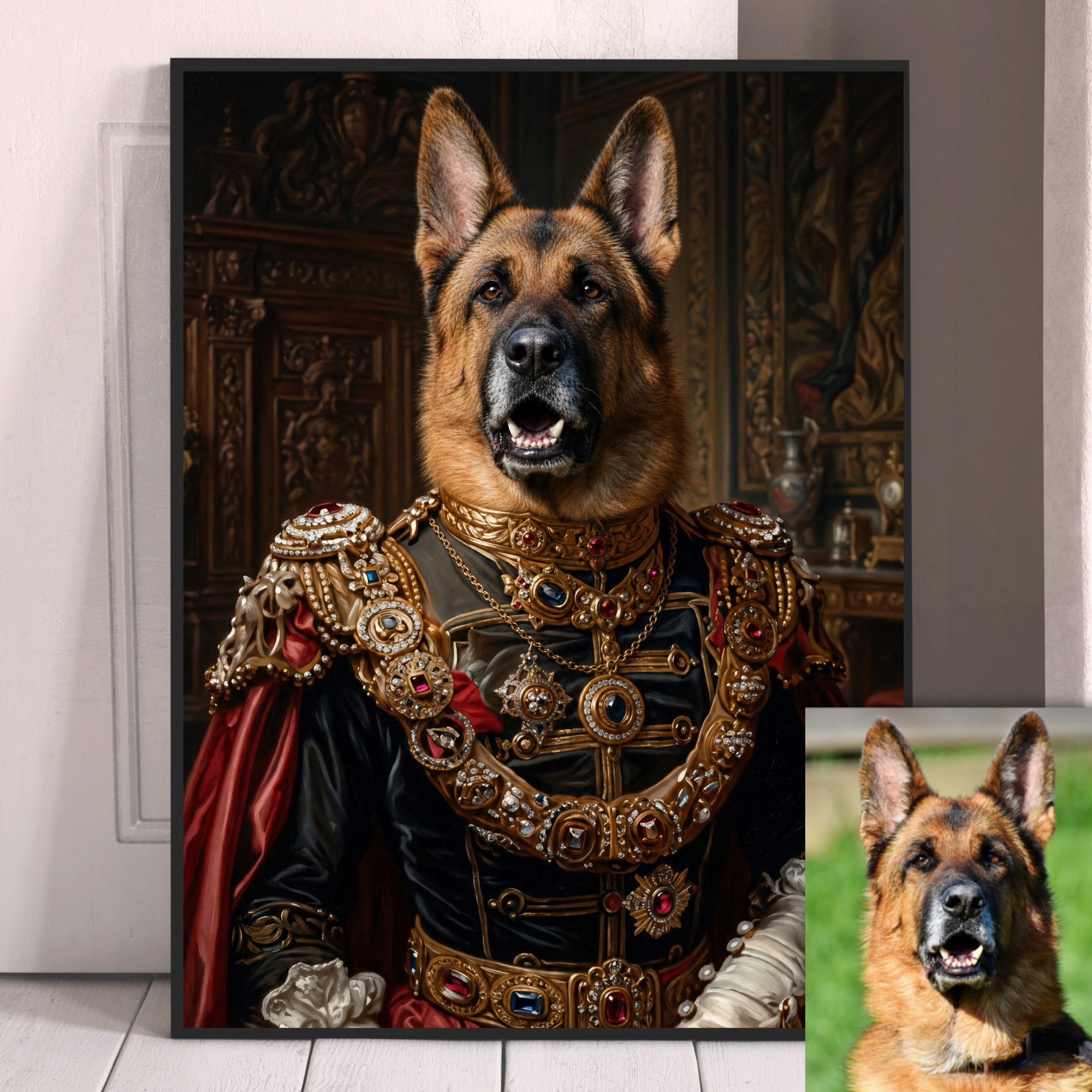 Royal dog portrait with German shepherd in ornate royal uniform and crown, black frame