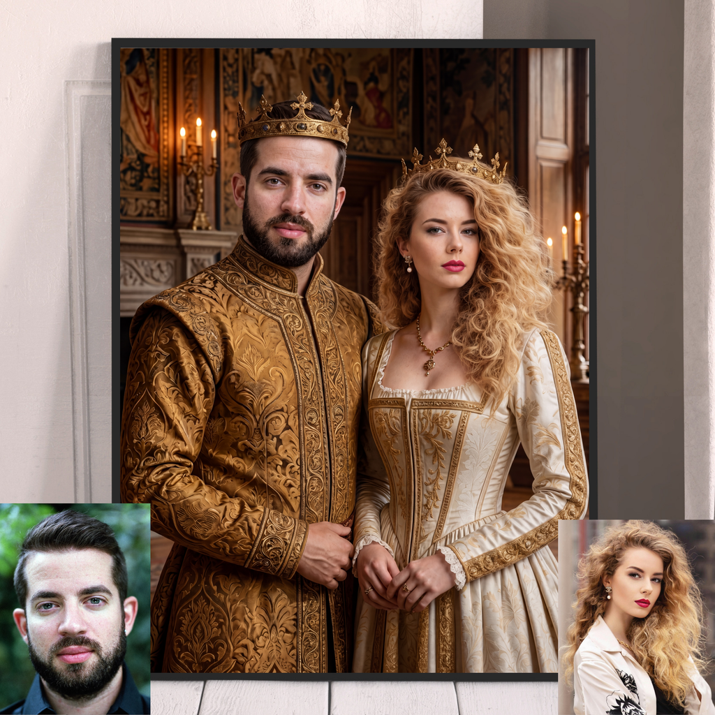 Couples renaissance royal portrait print, black frame, crowned man and blonde woman in ornate attire