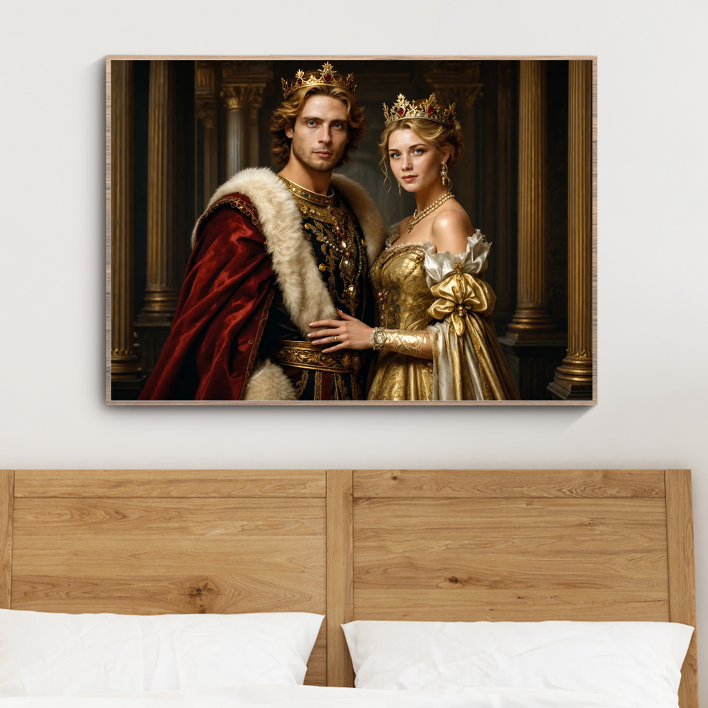 Royal couple portrait with red velvet and gold royal outfits, horizontal framed print.