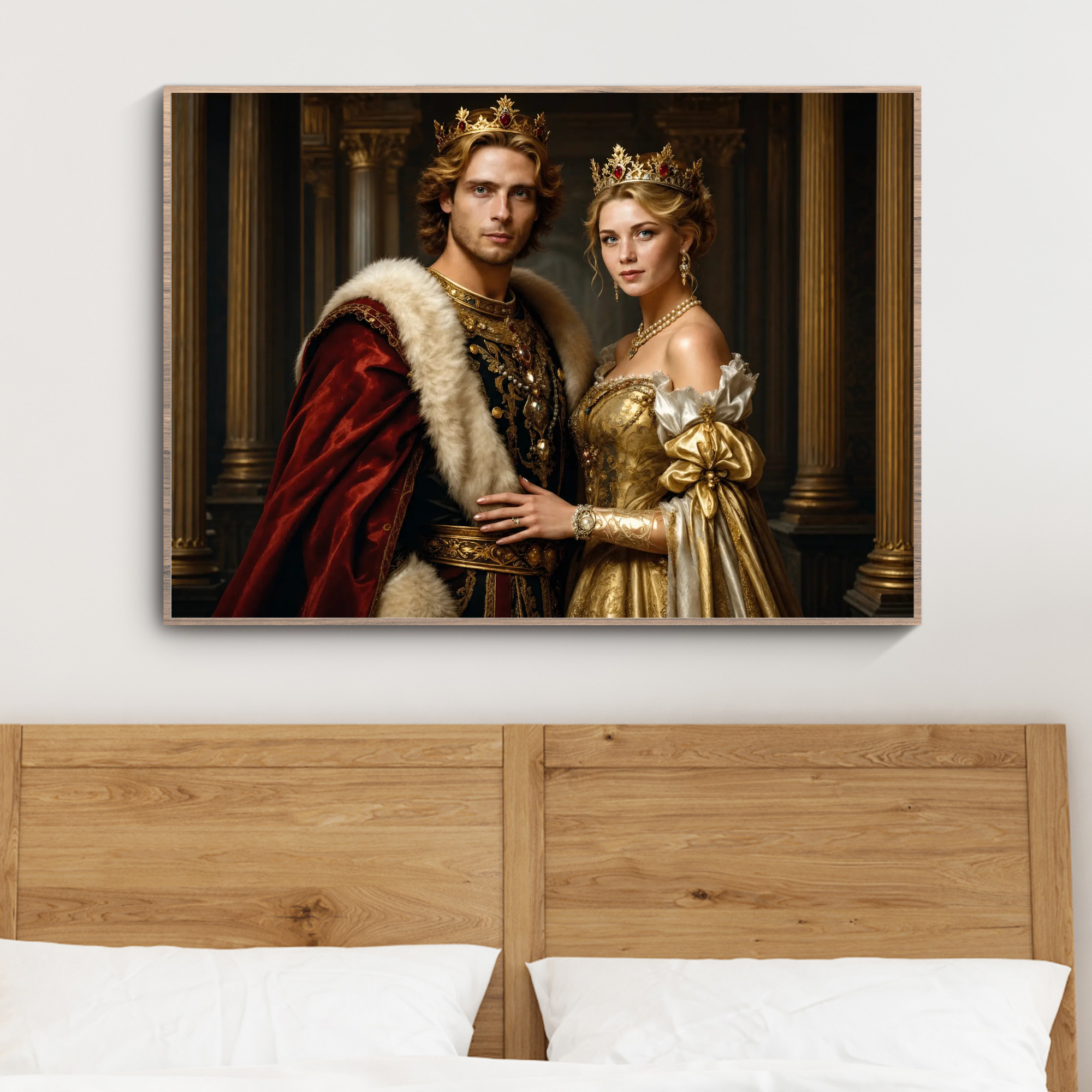 Royal couple portrait with red velvet and gold royal outfits, horizontal framed print.