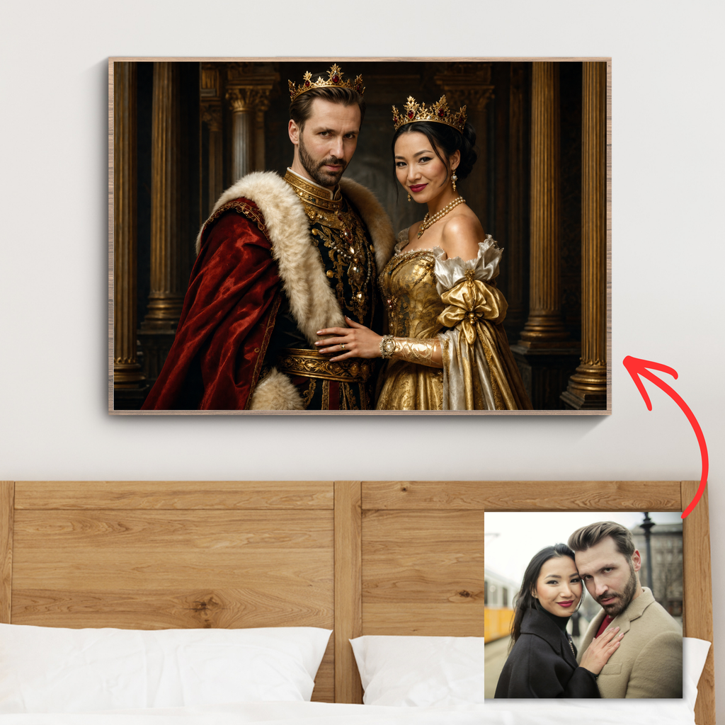 Horizontal royal couple portrait hanging on wall, red velvet and gold royal attire.