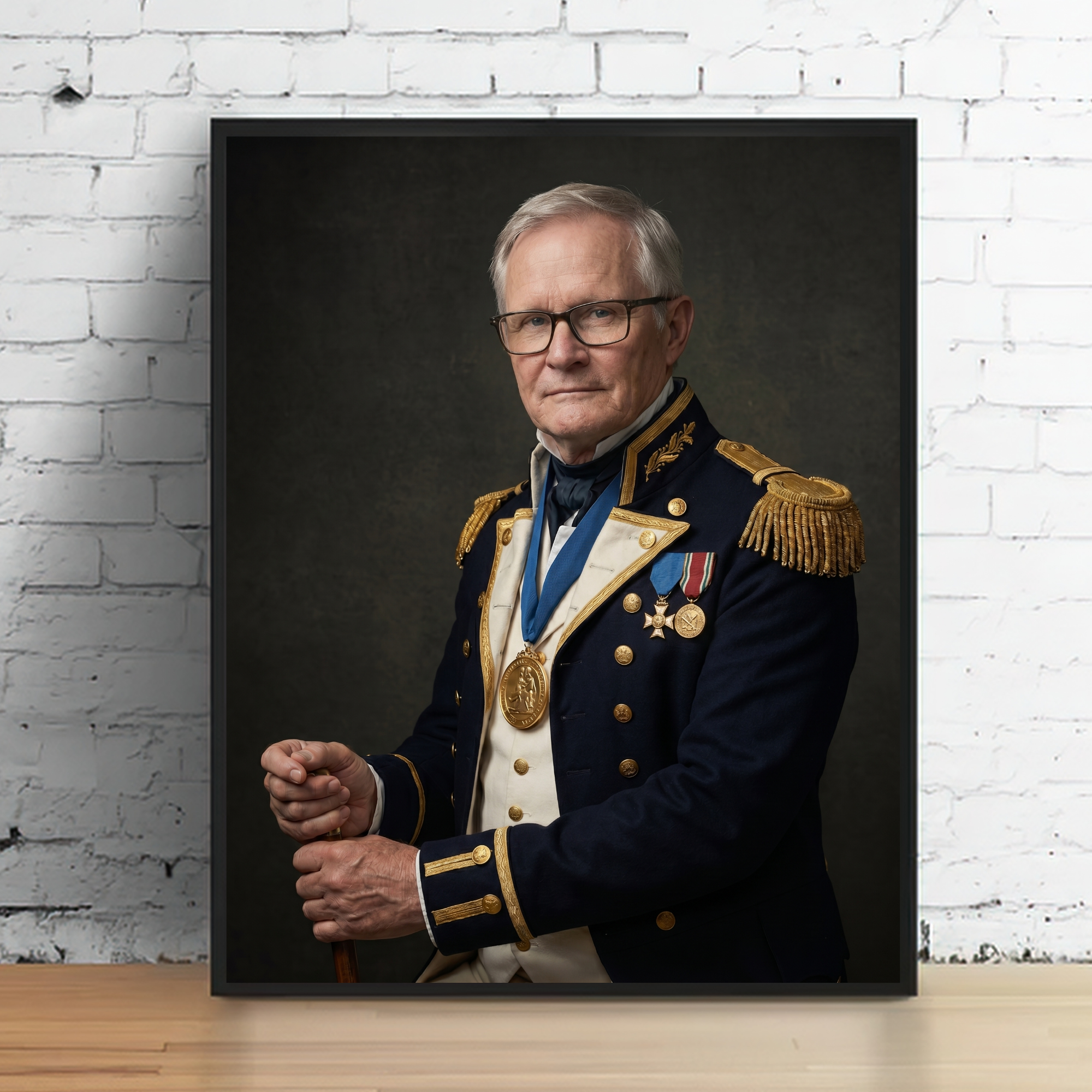 Framed portrait print of an older man in navy military-style uniform with medals