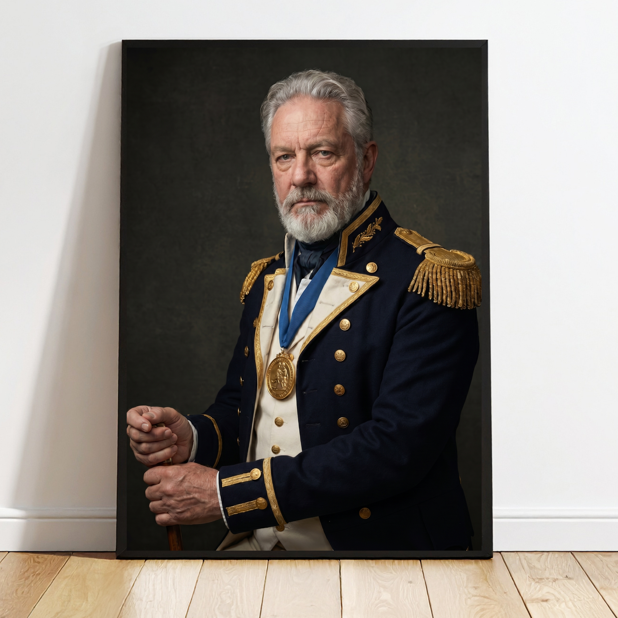 Framed portrait print of an older man with gray hair and beard in navy uniform