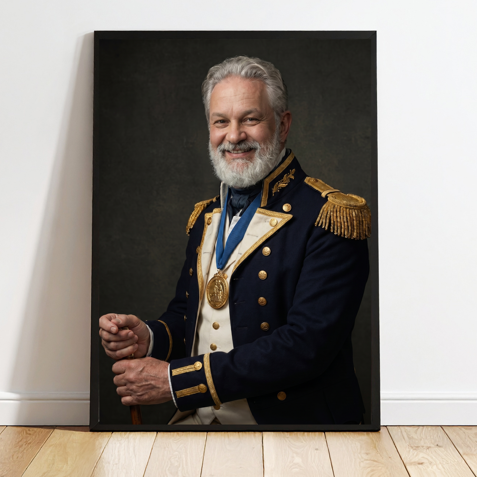 Framed portrait print of an older man smiling in navy military-style uniform with gold trim