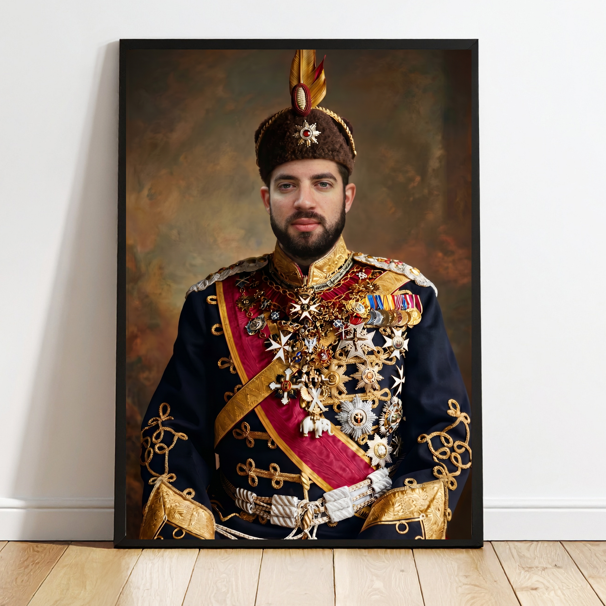 Personalized historical portrait in black frame, mustached king in ornate ceremonial uniform