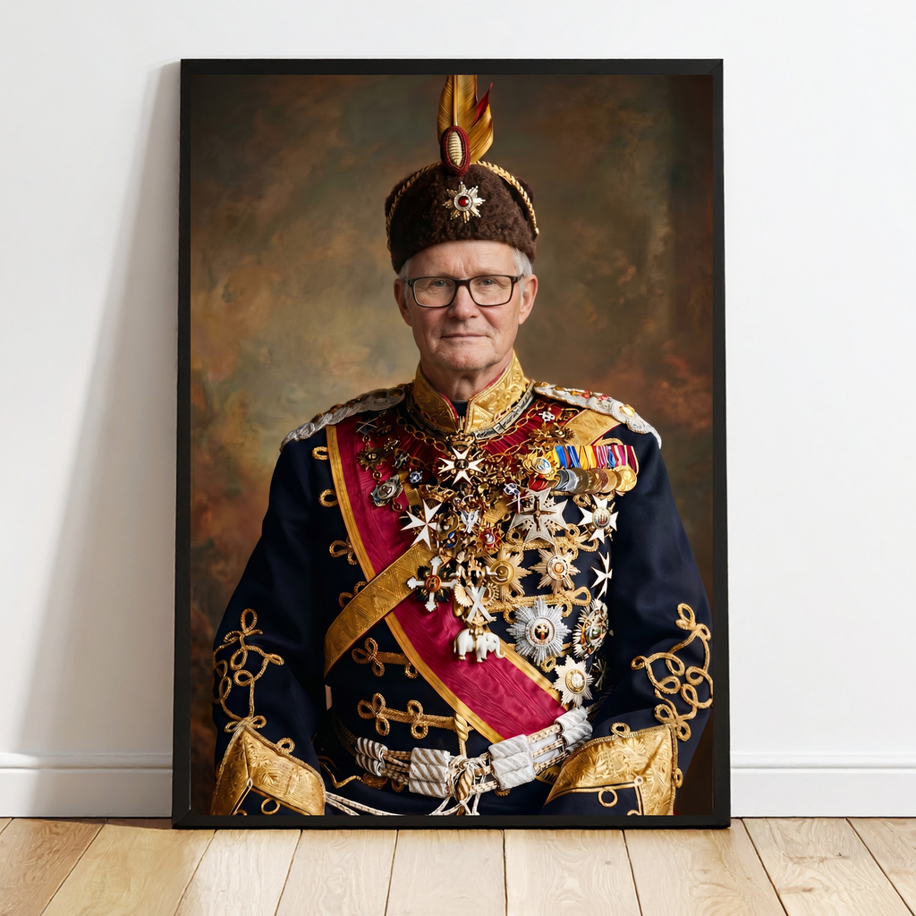 Personalized historical portrait in black frame, older king with glasses in ceremonial uniform