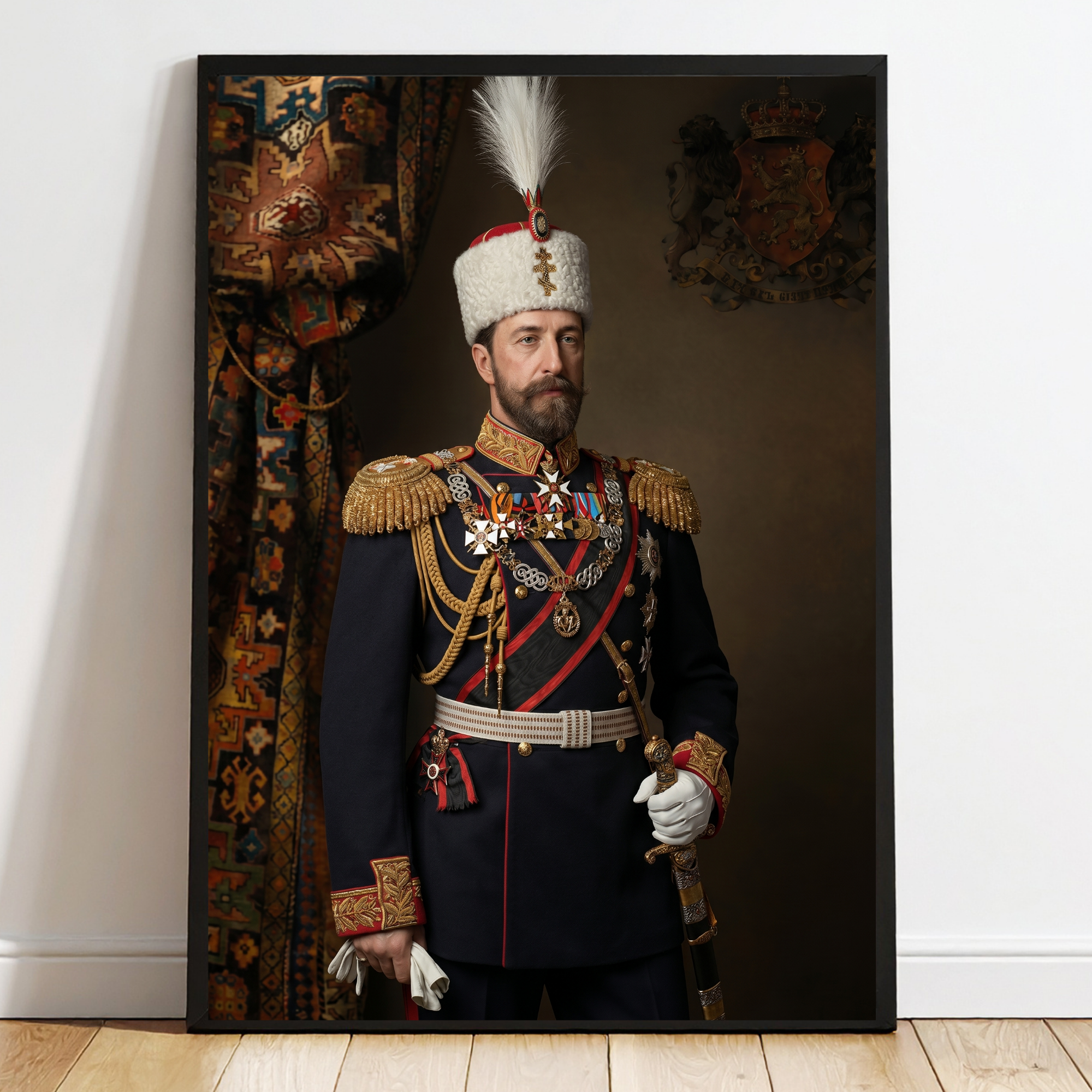Framed historical portrait print of a royal man in ceremonial navy uniform