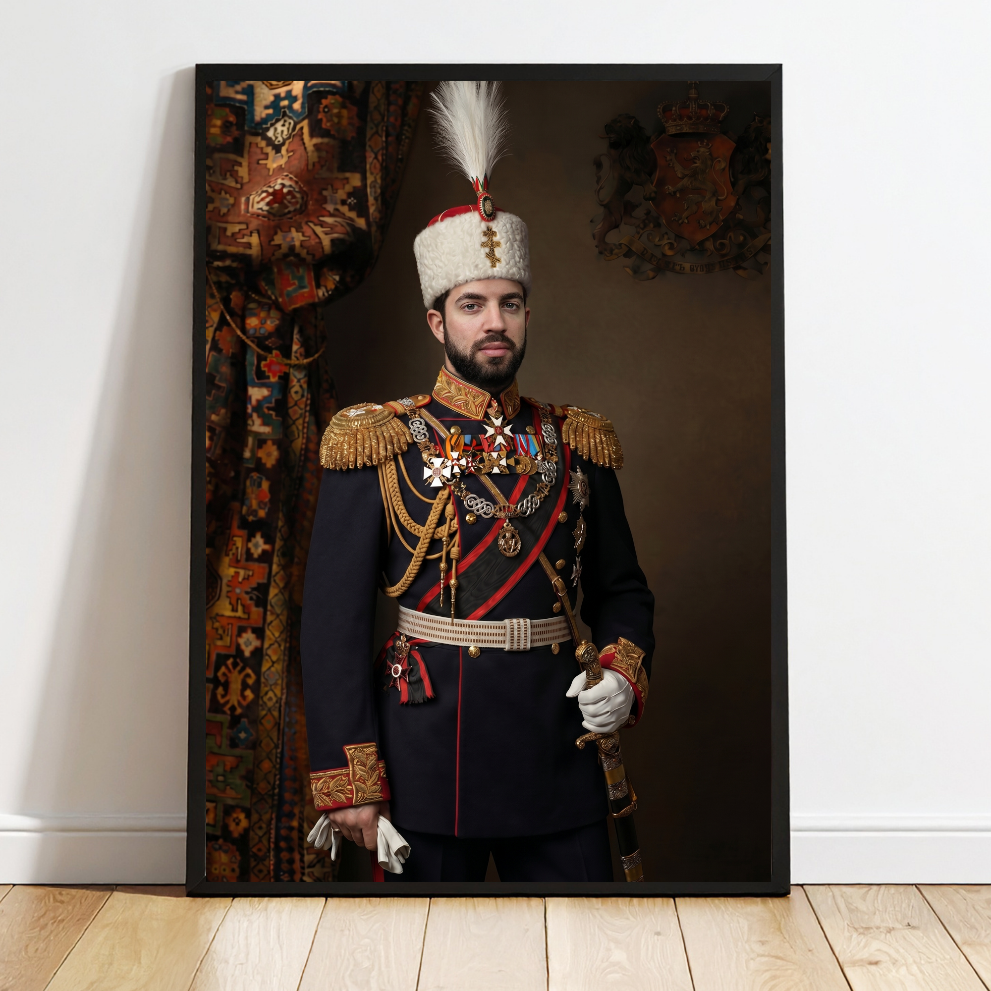 Framed historical portrait print of a bearded royal in ceremonial navy uniform