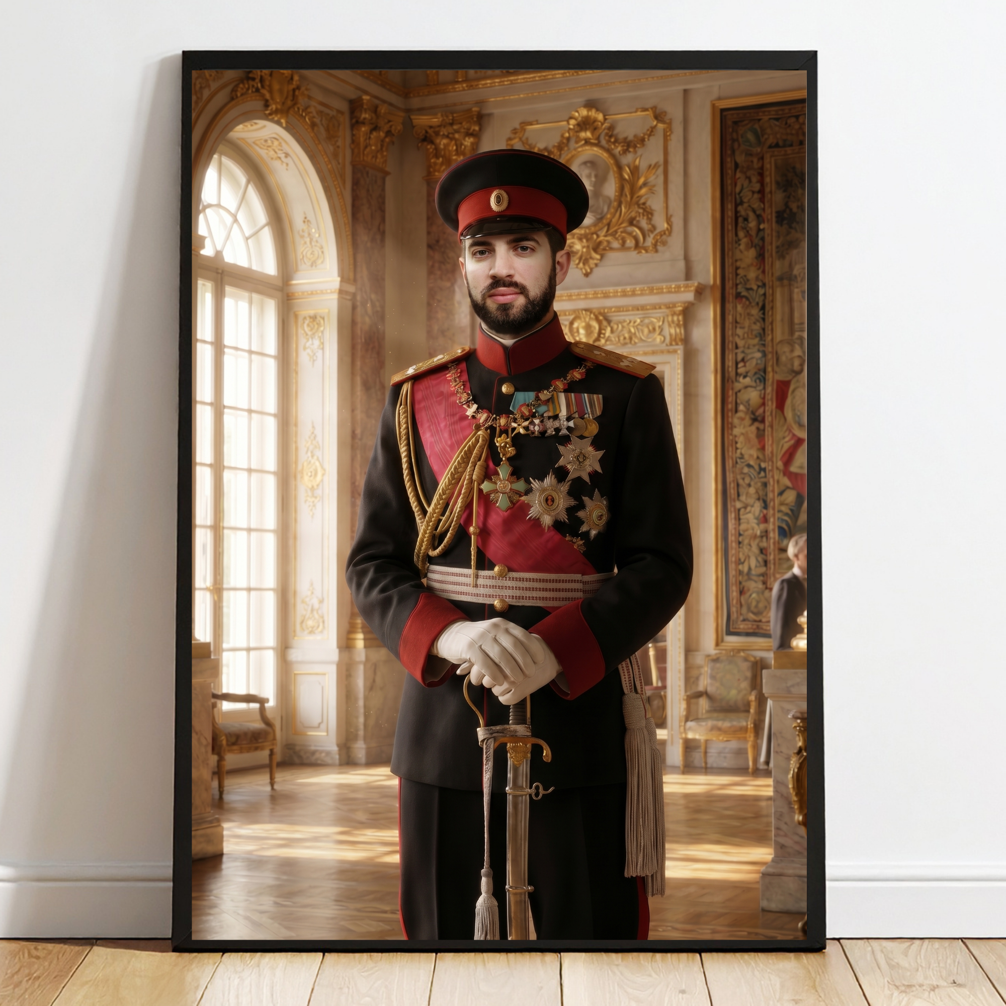 Personalized historical portrait in black frame, full-body officer in black and red uniform