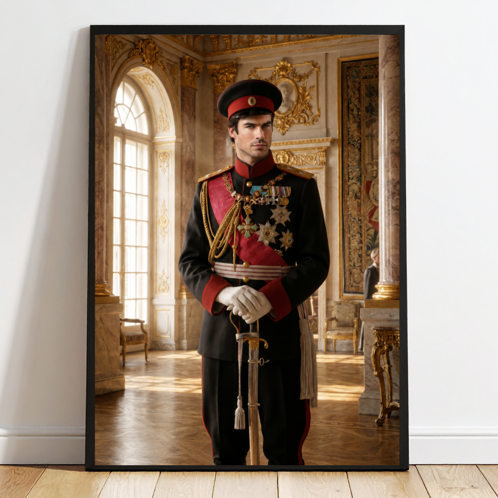 Personalized historical portrait in black frame, officer portrait with red uniform details, cropped