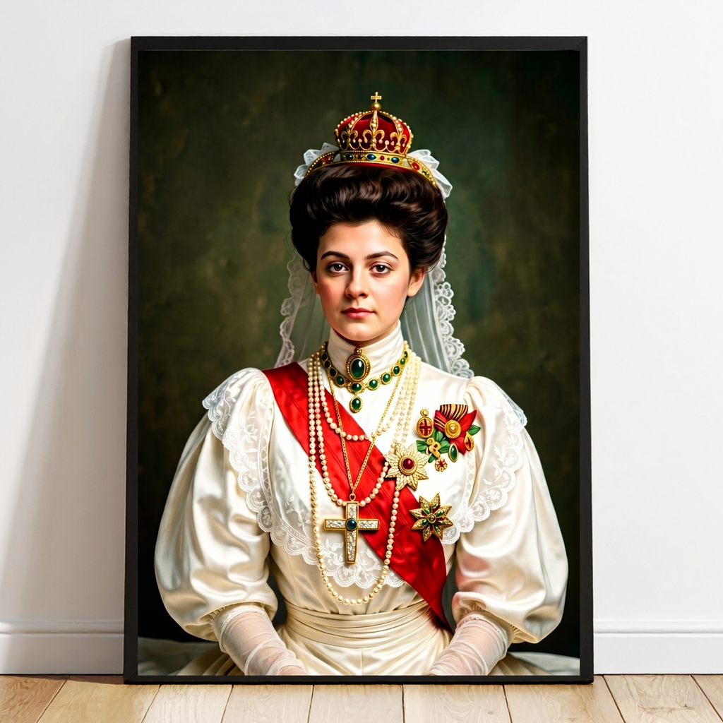 Framed historical queen portrait with jeweled crown, white gown, and red sash
