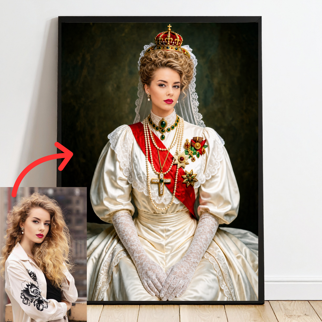 Framed historical queen portrait, plus inset close-up of the crowned woman in white