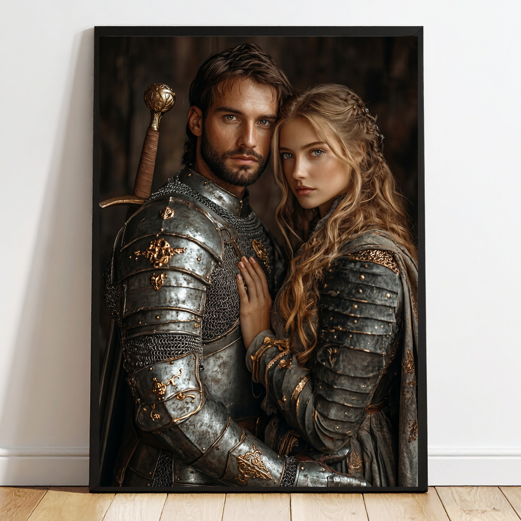 Framed medieval knight couple portrait with armored knight and blonde partner