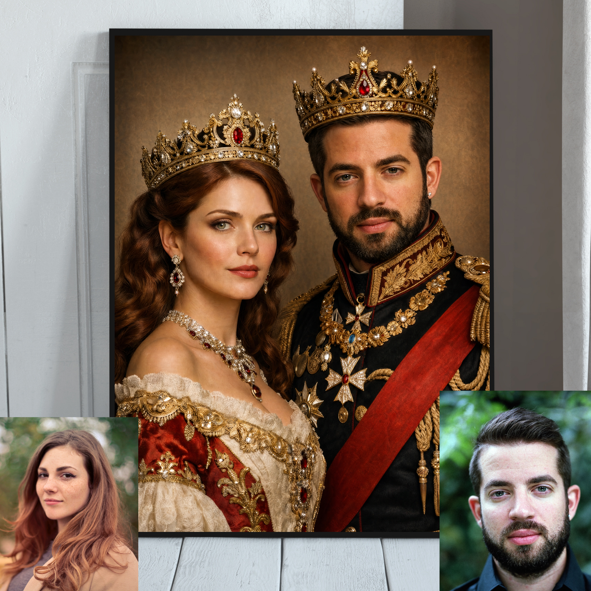 Framed royal couple portrait with jeweled crowns, king in dark uniform and red sash