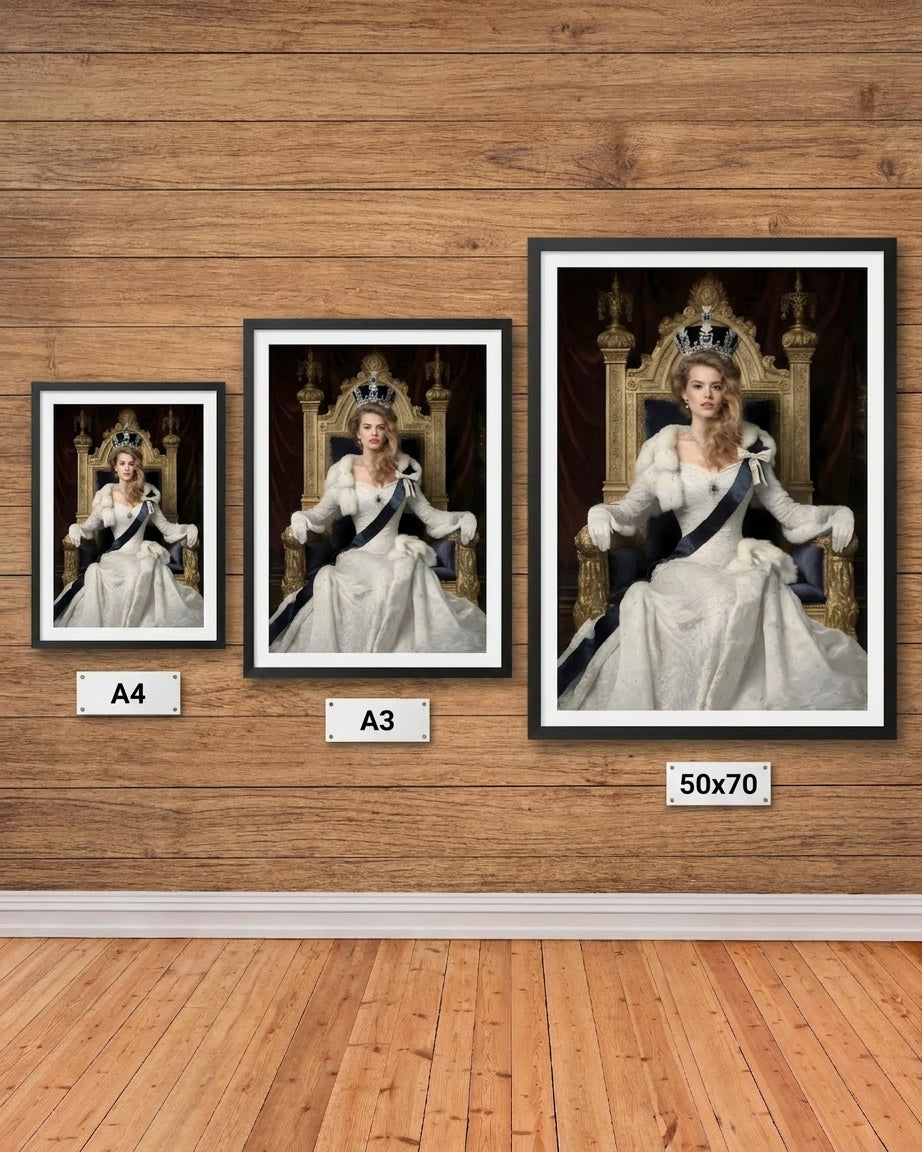 Set of framed royal-style woman portrait prints showing a white gown, fur wrap, and blue sash