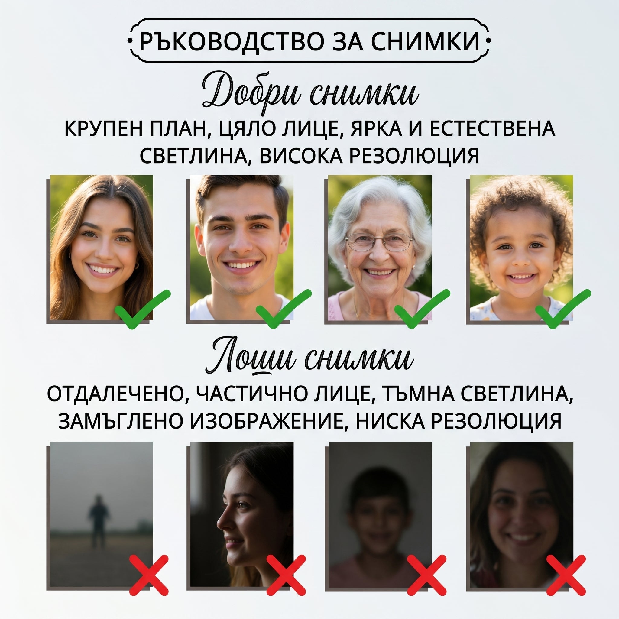 Инфографика: Ръководство за снимки — добри и лоши примери с отметки и кръстчета