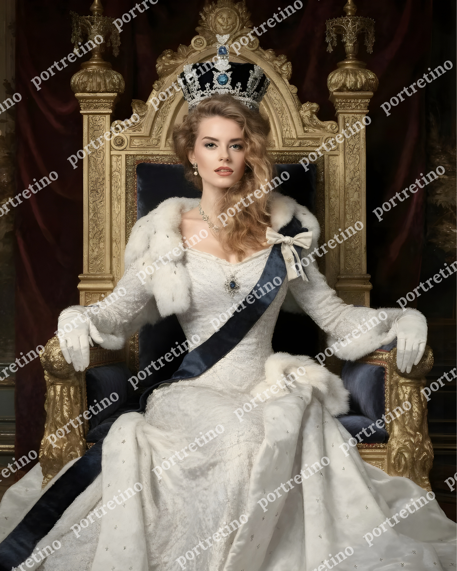 Royal-style female portrait in a white gown with blue sash, fur wrap, and crown on a throne