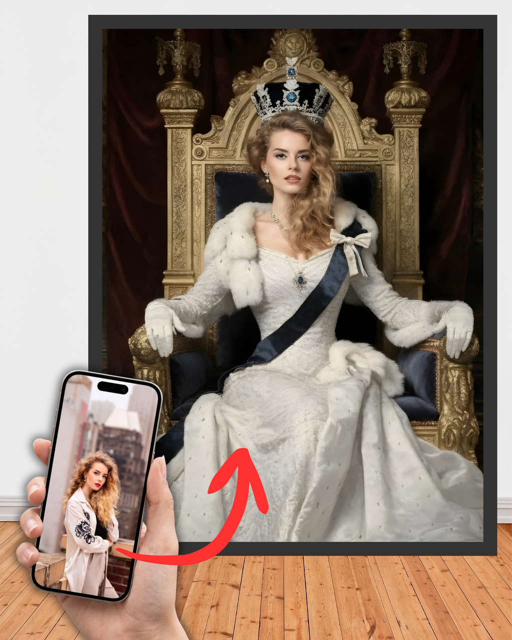 Royal-style female portrait in a white gown with blue sash and fur wrap, seated on a throne