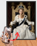 Royal-style female portrait in a white gown with blue sash and fur wrap, seated on a throne